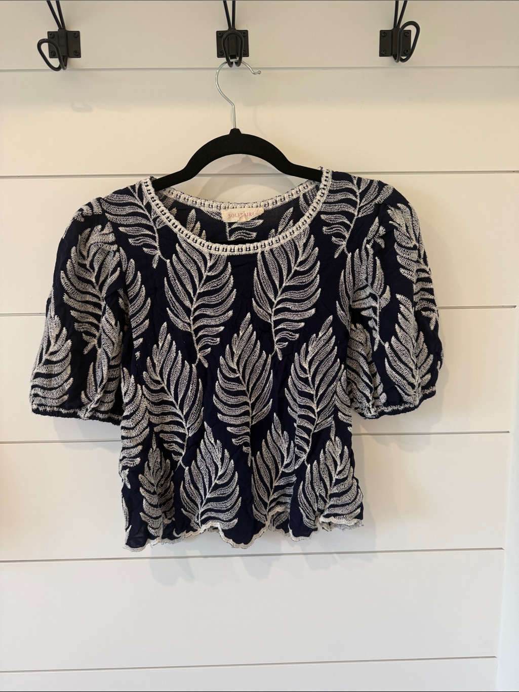 Solitaire Navy Top With White Leaf Embroidery Size S